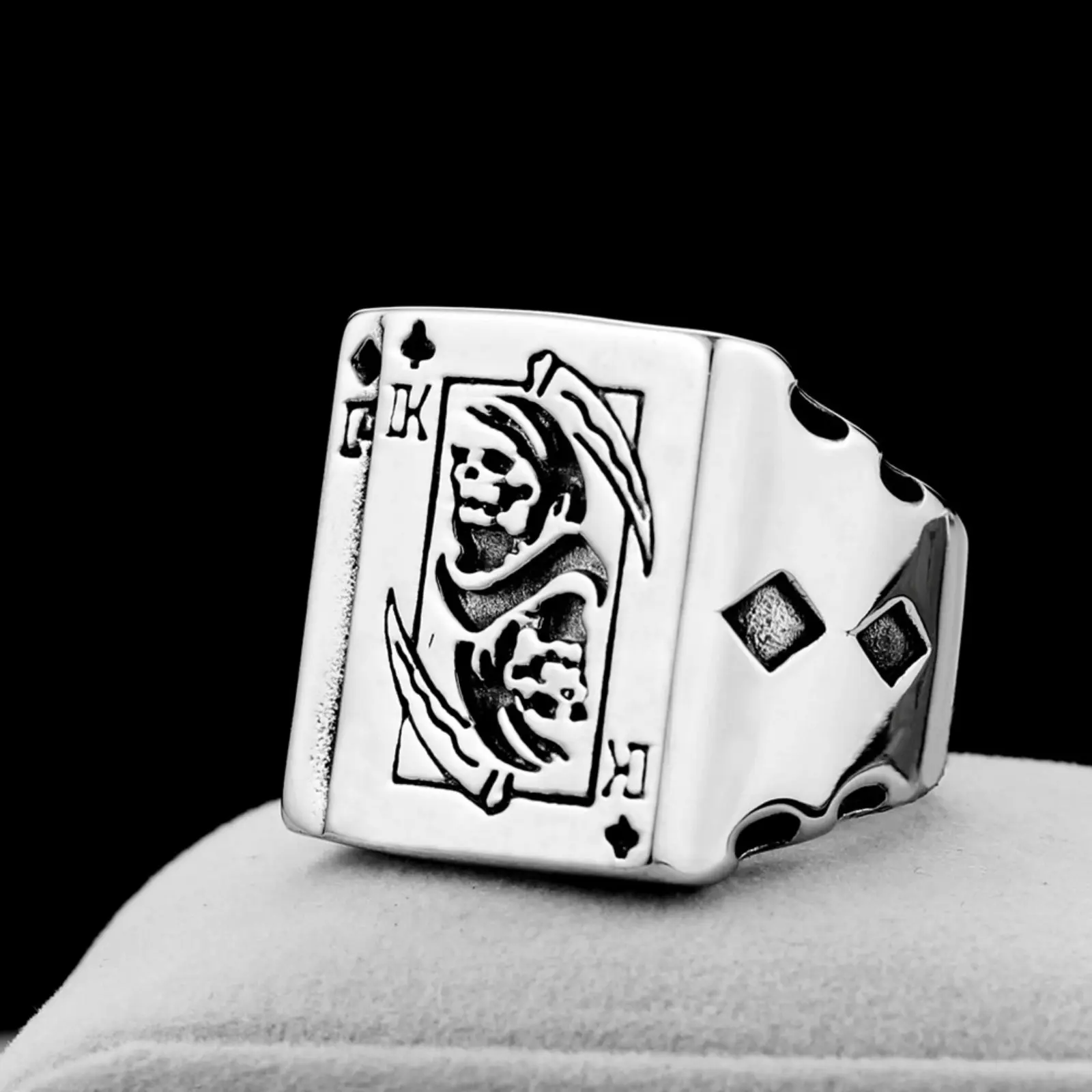 Men's Stainless Steel Square Band Ring - Multi-Size, Gothic Skeleton Art Poker Card Design, Spooky Halloween Party Accessory, Men's Jewelry