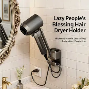 Hands Free Hair Dryer Holder Wall Mount, Anti-Shake Blow Dryer Stand with Storage Slot, Drill-Free Adhesive Installation, Height & Front-Back Adjustable Arm, Bathroom Organizer