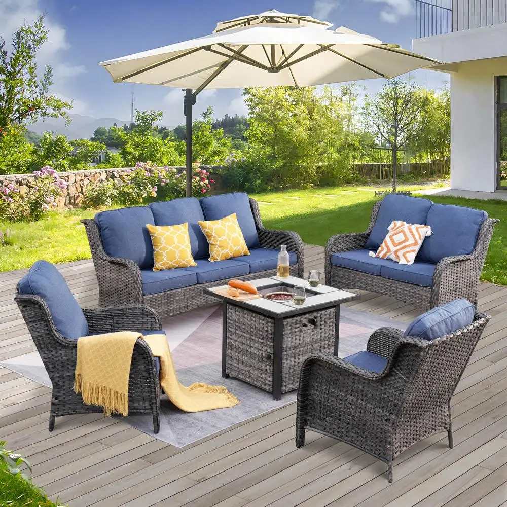 【Summerfinds】OVIOS Kenard 5-Piece Outdoor Patio Conversation Set with 30'' Fire Pit Table & Loveseat, Wicker Sofa Set with Cushions for Backyard Patio Porch Deck Garden Balcony Outdoor Seating Furniture Set