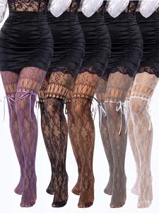 5 Pairs Women's Lace Long Leggings, Tie-Back Mesh Tight Fit Pantyhose, Multi-Color Set, Fashionable and Comfortable
