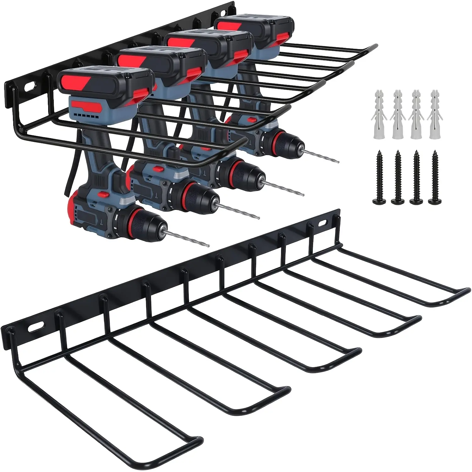 2 Pack - Black Metal Wall Mount Tool Organizer, Drill Holder for DIY Projects, 4-Tool Capacity, 80LB Load Limit, Easy Installation with Screws & Anchors for Garage