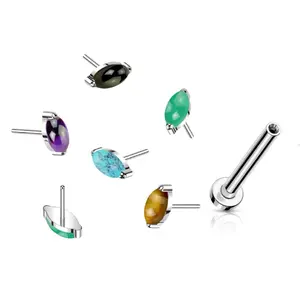 20G/18G/16G Marquise Natural Stone Threadless Flat Back Studs • Push Pin Labret • Flat Back Earring • Tragus Stud • Flat Back Upper Ear Stud • Helix Stud • Ear Cartilage Stud • Threadless Earring • Marquise Stud • Implant Grade Titanium • Silver