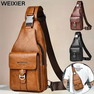 WEIXIER Men'S Vintage Casual Chest Bag - Large Capacity, Multi-Compartment, Faux Leather Sling Crossbody Pack