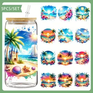 5PCS/SET Summer beach sea view DIY Light Beigeny Tumblers Wrap Decorative transfer paper UV DTF High Self-adhensive Wraps Transfers Decor Transfer Paper On Cup
