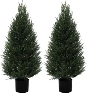 2Pack 3ft Outdoor Artificial Cedar Topiary Trees, All-Weather Faux Pine for Home Porch Entryway Decor