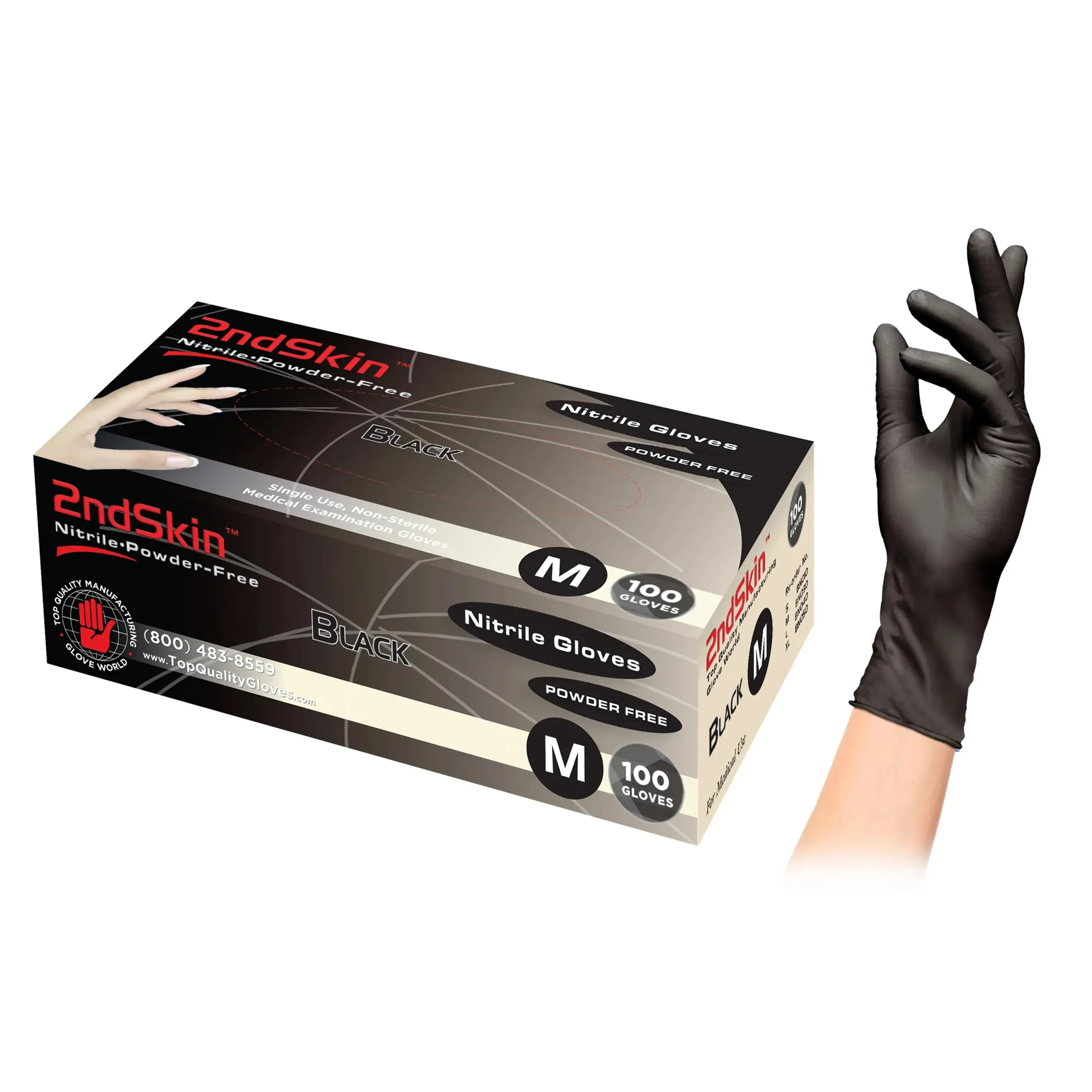 NITRILE GLOVE SIZE M - 2ndskin Nitrile Exam Gloves Powder Free Black 100/box