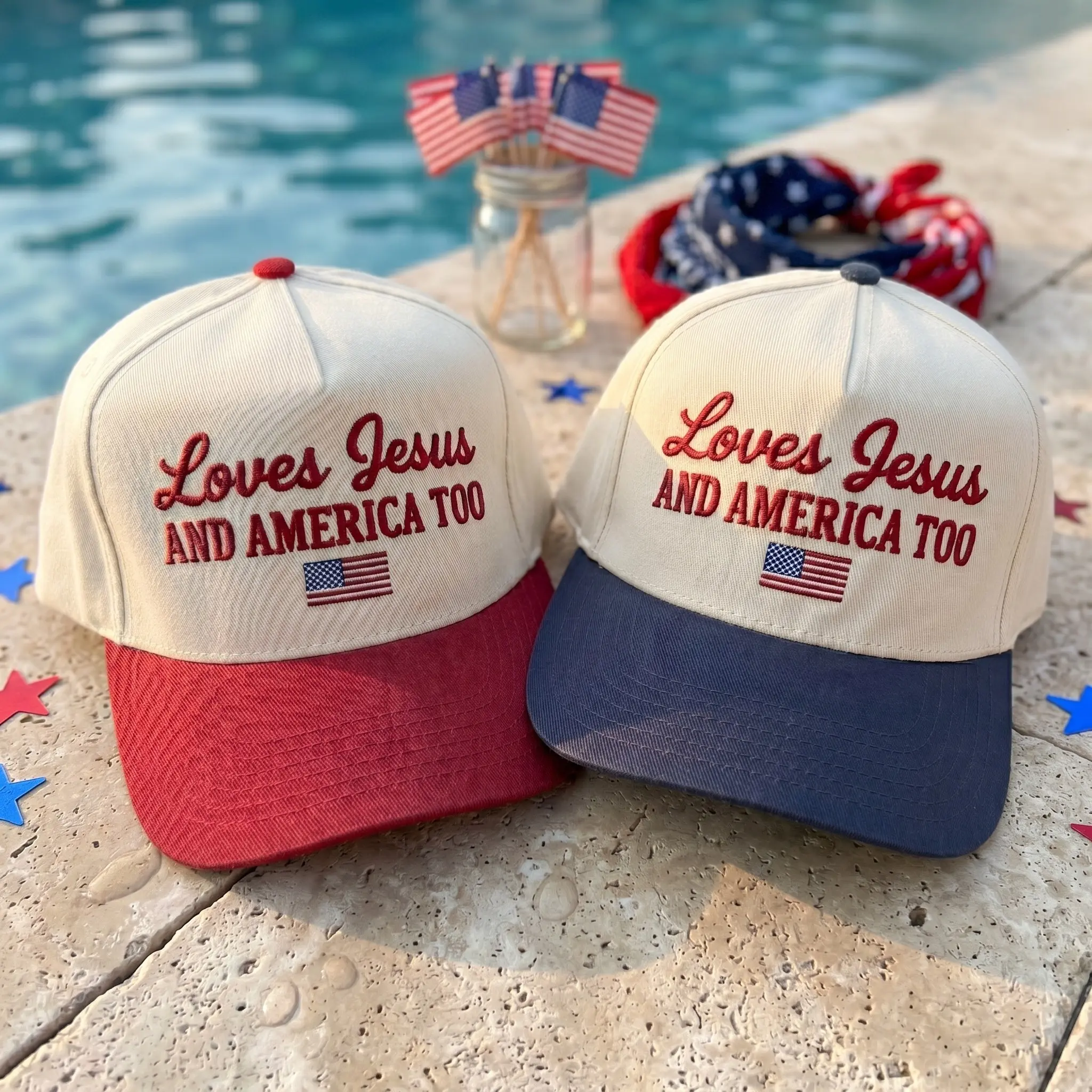 Loves Jesus And America Too Embroidered Classic Hat, Patriotic American Flag Baseball Cap for Men and Women, Christian Faith Gift, 4th of July Outfit, Two-Tone Red and Cream Structured Trucker Style Hat for Outdoor Summer Events and Church Wear