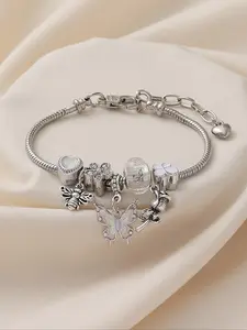 Mother's Day Gift Fashion Butterfly & Bee & Rose Charm Link Bracelet, 2024 New Style Adjustable Jewelry for Women & Girls for Party, Daily Clothing Decor, Trendy Matching Bracelet for Birthday, Heart Design Bracelet