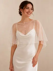 Soft Sheer Tulle Pearl Bridal Capelet Shawl, Faux Pearl Beaded Mesh Wedding Cover Up, Short Front Long Back Elegant Boho Bridal Wrap, Lightweight Wedding Accessory for Bride Reception Ceremony Bridal Photoshoot