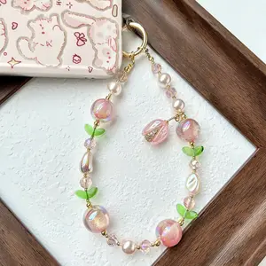 Original phone lanyard wrist strap dopamine phone chain beaded pink pistachio light luxury high-end anti-loss hanging chain