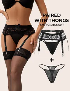 OHYEAH Women's Plus Size Floral Lace Low Waist Garter Belt Set, Adjustable Mesh Fabric Suspender Belt with 4 Straps Metal Clips for Day Wear Thigh Highs (No Stockings, Secure Fit)