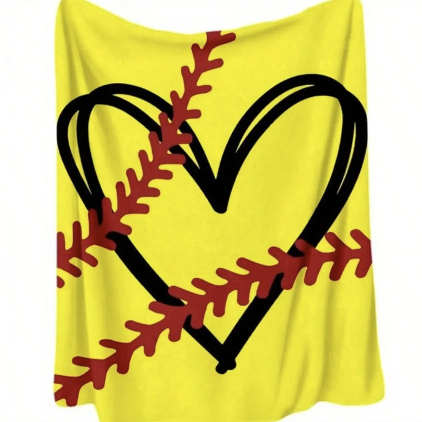 Softball Heart Red Stitch Yellow Background Flannel Blanket, Minimal Double Line Black Heart Softball Seam Graphic Throw Blanket, Soft Plush Warm Blanket for Couch Bedroom, Cozy Comfy Nap Blanket,