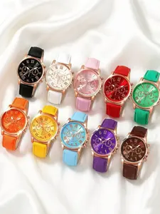 Fashion Watch Set for Women, Casual Round Dial Analog Quartz Watch, with PU Leather Strap, Trendy Watch Set for Daily Use, Fashionable Stylish Watch, Casual Trendy Wristwatch, Analog Watches, Quartz Wristwatches