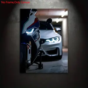 BMW S1000RR Motorcycle and M3 M4 Car Cinematic Canvas Wall Art Poster, Premium High-Definition Waterproof Print for Garage Man Cave Decor, Ultimate Aesthetic Gift for Biker and Car Enthusiasts
