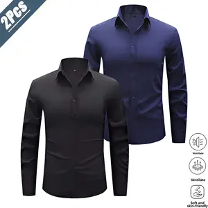 Men’s 2-pack drapey, no-iron long-sleeve shirts—versatile for business commuting and featuring breathable, skin-friendly, wrinkle-resistant fabric that maintains a sharp, structured look. Classic notched lapel design enhances an elegant appearance, with a