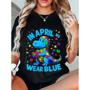 Graphic T-shirtUnisex Autism Awareness "In April We Wear Blue" T-Rex Dino T-Shirt |   autism awareness tee, dinosaur graphic shirt, casual cotton top, unisex t-shirt, awareness month outfit, viral TikTok trend