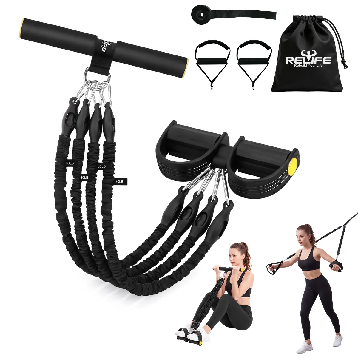 RELIFE REBUILD YOUR LIFE Pedal Resistance Band with Handles, 4 Detachable Tubes (30-120 lbs), Door Anchor for Arms, Legs Stretching & Core Training