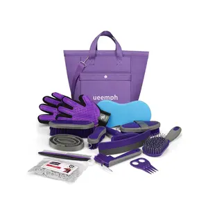Horse Grooming Kit (12-Piece): Brushes, Storage Bag, Sweat Scraper, Mane Comb, Grooming Gloves - Purple Horse Gifts for Girls