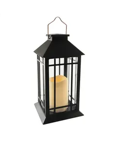 LumaBase Solar Powered Lantern with LED Candle - Black Window, Outdoor Waterproof Lights, 6-7 Hours Illumination, Plastic Construction, 4.5" LED Candle, Hanging Hook Included