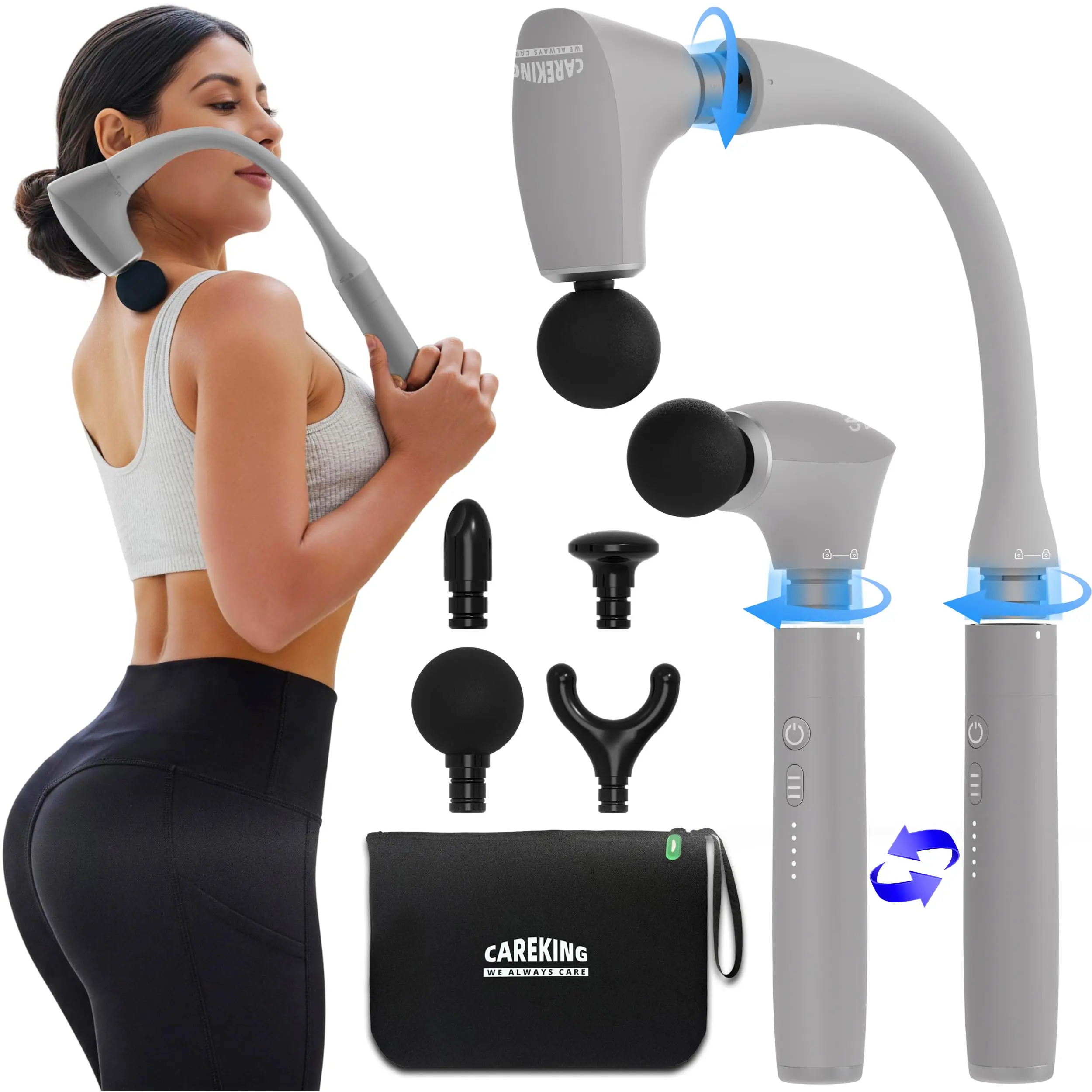 CAREKING 2-in-1 Detachable Muscle Massage Gun Deep Tissue with 20'' Extension Handle, Handheld Back and Neck Massager for Lower Back, Shoulder, Waist & Leg Pain Relief