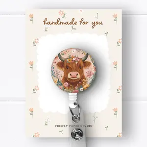 Floral Cow Badge Reel, Retractable Badge Reel w/ Alligator Swivel Clip