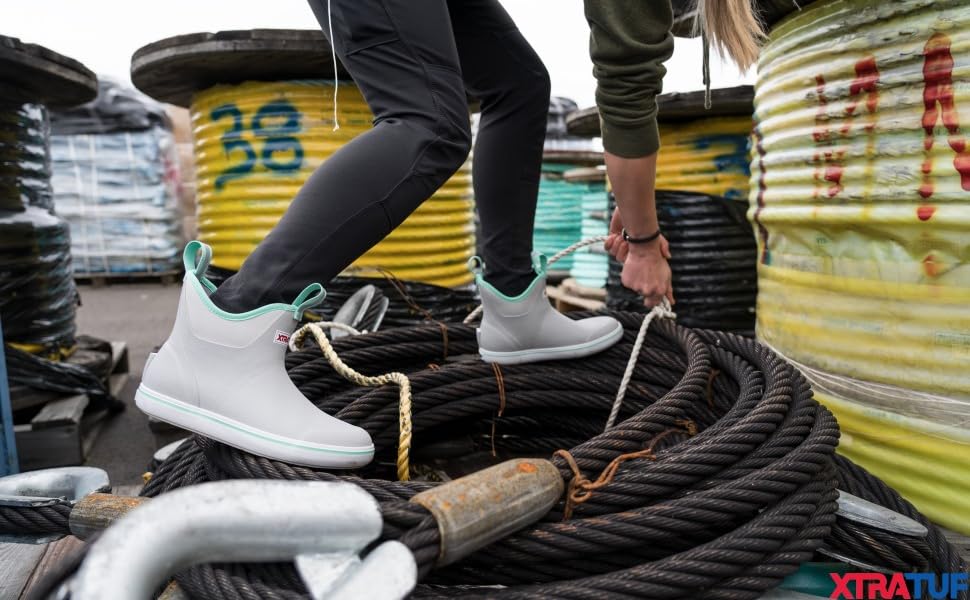 XTRATUF Women's Durable Waterproof Breathable Slip-Resistant 6 Inch Ankle Deck Boots, Gray Slip Resistant Rubber Fishing Boat Shoes, Lightweight Outdoor Work Footwear