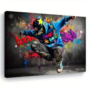 2D Flat Modern Urban Dance Graffiti Painting - With Hook Ready-to-Hang Canvas Wall Art, Dynamic Motion Poster Suitable for Living Room, Bedroom, Kitchen Decoration - Perfect Gift for Dance and Street Art Enthusiasts (11.8x 15.7inch /30x40cm) - Indoor Home