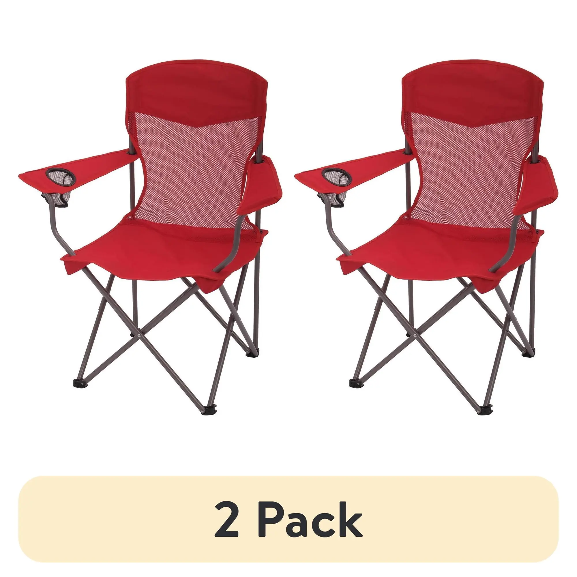 2 pack Ozark Trail Basic Mesh Folding Camp Chair Red Portable Lightweight Outdoor Quad Chair with Cup Holder and Carry Bag for Camping Beach Tailgating and Sports