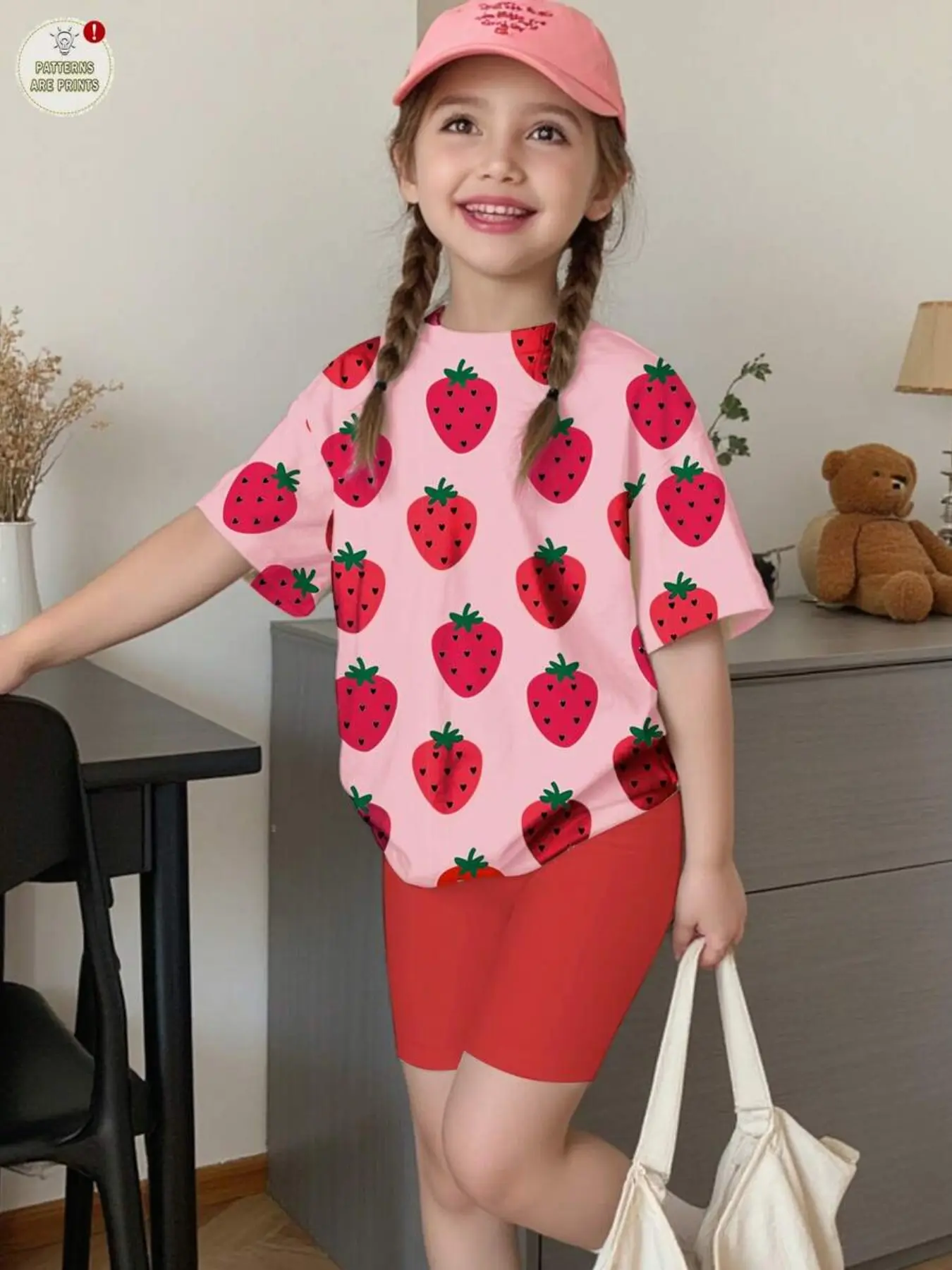 Toddler Girls Allover Strawberry Print 2 Piece Outfit Summer Short Sleeve Tee & Biker Shorts Set Clothing