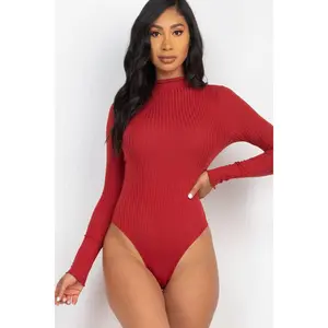 Ribbed Lettuce Edge Mock Neck Long Sleeve Bodysuit (CAPELLA)