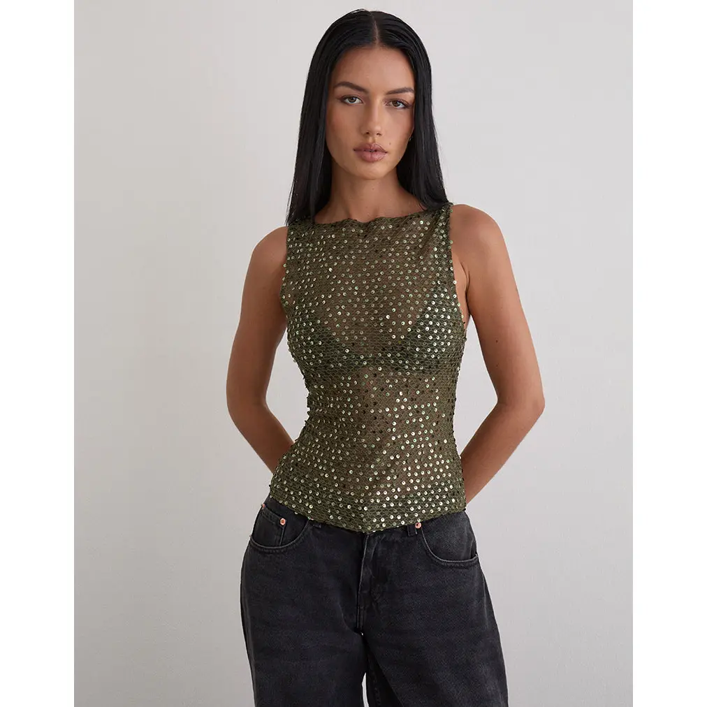Dudley Vest Top in Sequin Knit Olive