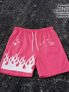 Men's casual shorts, letter flame print - bright pink, white letter flame pattern, elastic waistband, comfortable regular fit, suitable for casual wear, comfortable swim trunks | bright pink swim trunks