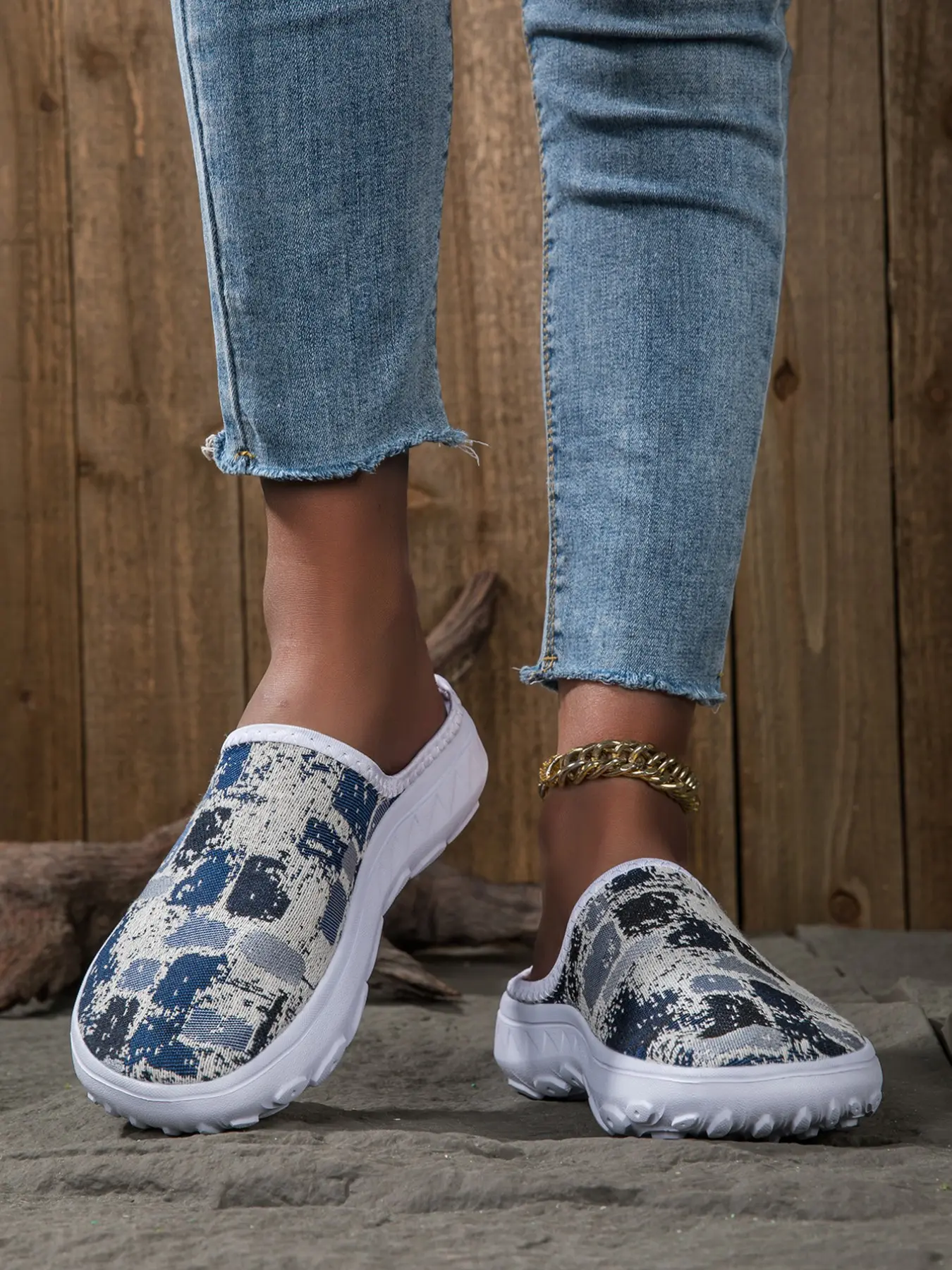Women's One-Step No Heel Thick Sole Half Slip-On Sports Walking Shoes, Breathable Flyknit, Anti-Slip, Outdoor Hiking, Daily Sport, Trending Sneakers