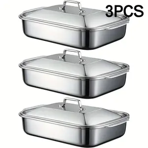 3pcs Roasting Pan with Lid & Wooden shovel, Professional Large Stainless Steel Baking Pans, 2.63" Deep Dish for Lasagna&Desserts&Cookings, Multi-Scenario Stainless Steel Cake Pan