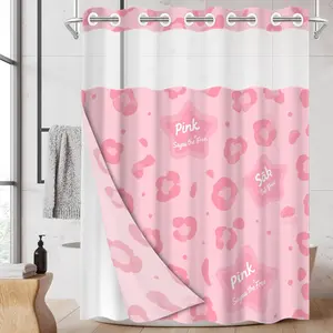 1pc hookless shower curtain with buckle lining, pink leopard print design, 2D flat printing, waterproof fabric lining, see-through double-layer shower curtain, 71 x 74 inches, modern home draping curtain.