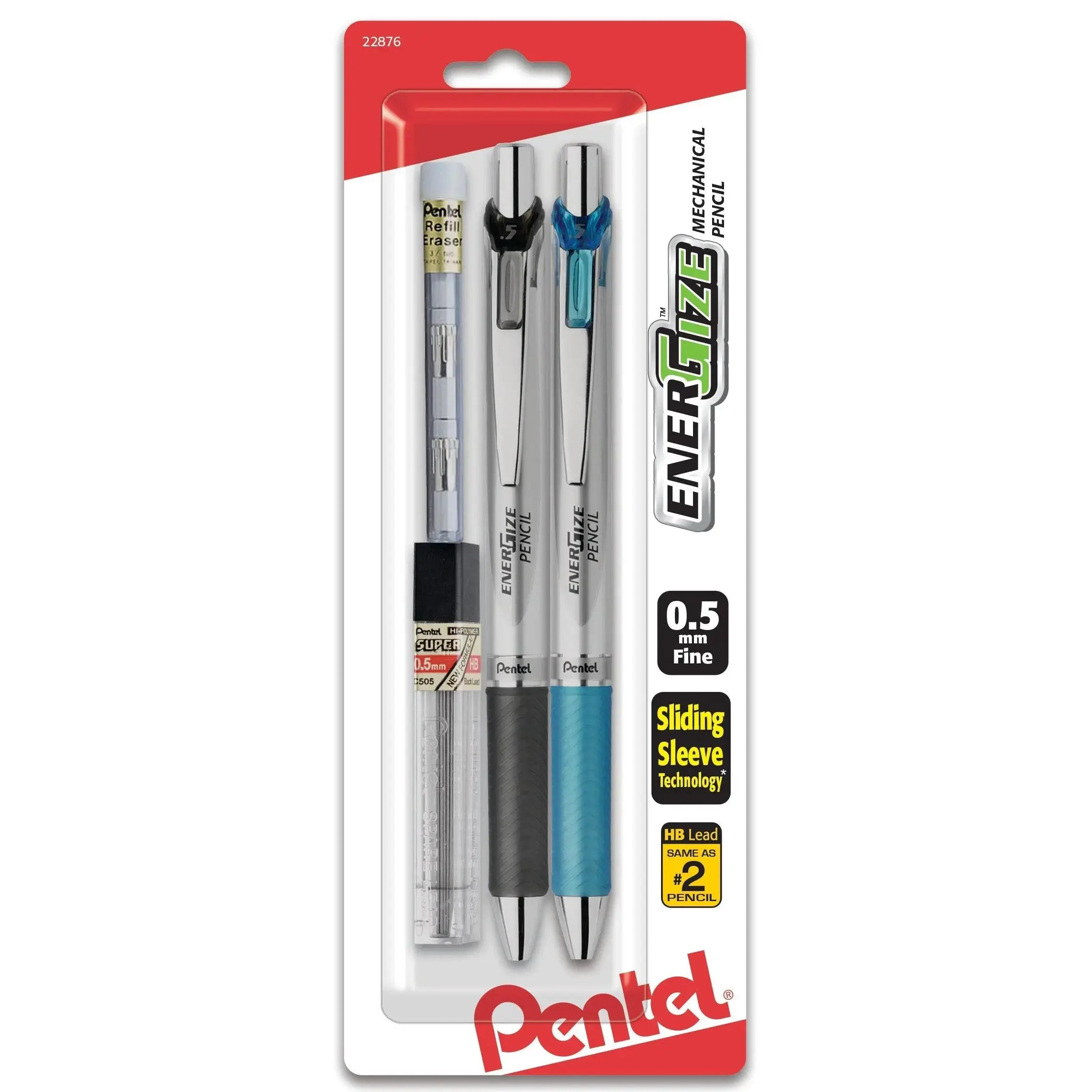 Pentel EnerGize Refillable Automatic Pencil 2-Pack (PL75LEBP2) - Fine 0.5mm Tip, Assorted, Included Lead & Latex-Free Erasers, Contemporary Design for Artists, Sketches, Daily Writing, Durable Convenience