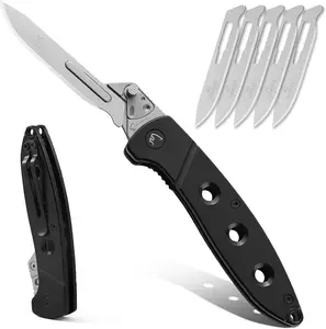 Folding Scalpel Pocket Knife ，EDC Utility Knife with 6pcs #60 Replaceable Blades ,Outdoor Knife with Pocket Clip and Liner Lock，Sharp Skinning Knives for Hunting, Fishing, Deer & Survival （Black）