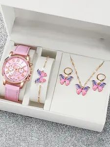 Women's Elegant Butterfly Design Quartz Watch & Matching Jewelry Set, Including Round Dial Watch & Bracelet & Pendant Necklace & Earrings, Fashion Watch Set for Women As Gift