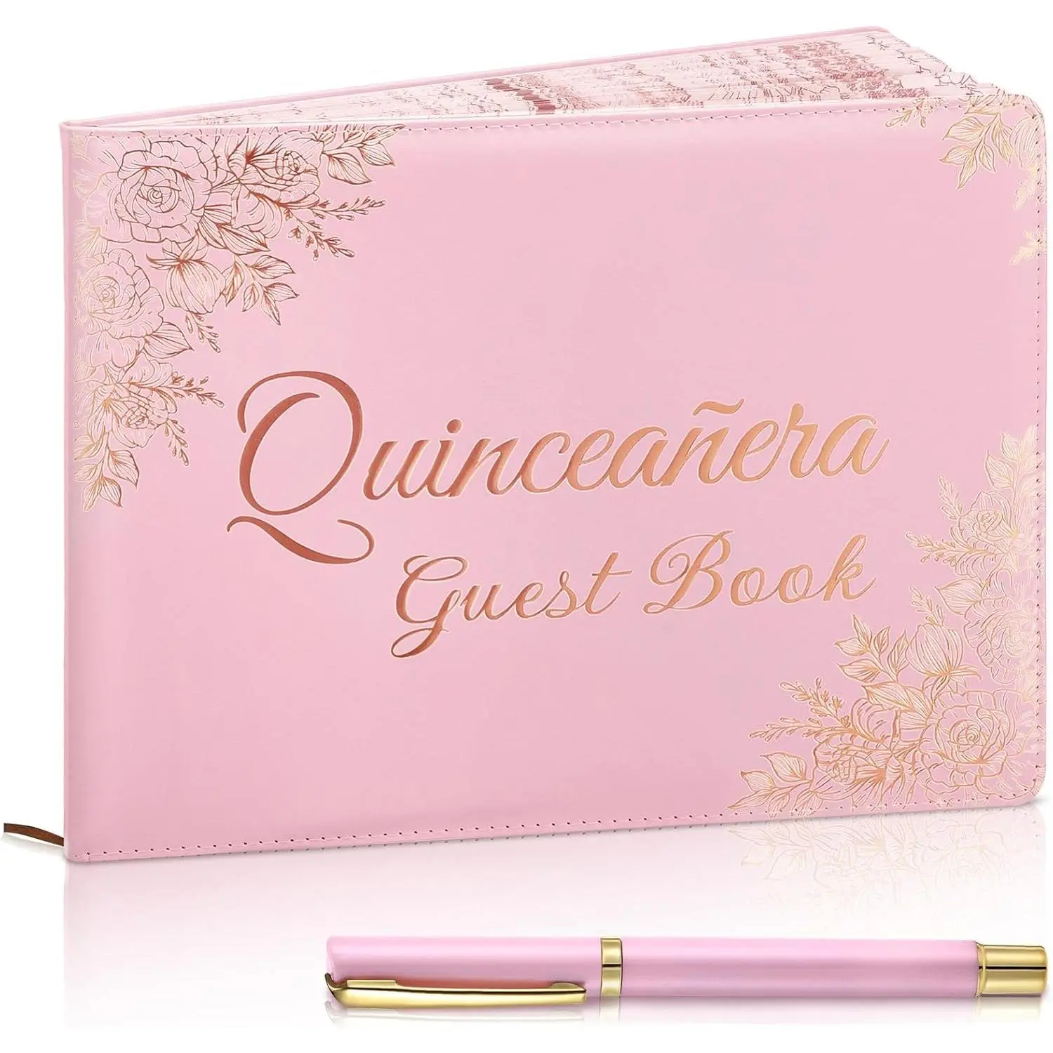 Quinceanera Guest Book with Pen 11 x 8 Inch Libro De Firmas Para 15 Anos Quinceanera Leather Hardcover Signature Book Guest Sign in for 15th Party Favors Decoration( ,Floral)