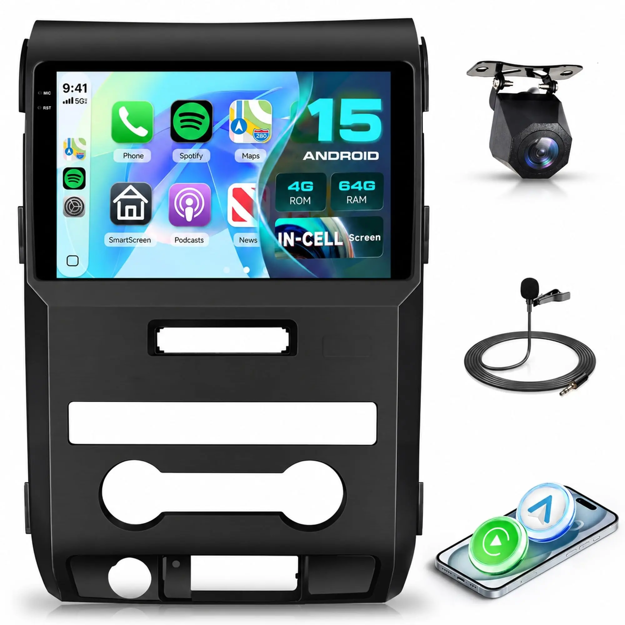 Android 15 Car Radio Stereo for Ford F150 F-150 2009-2012 Wireless Carplay 4G+64G Android Auto 5GHz WiFi, 9'' In-Cell Screen Head Unit with GPS/Bluetooth/FM RDS/32EQ Mirror Link AHD Backup Camera SWC