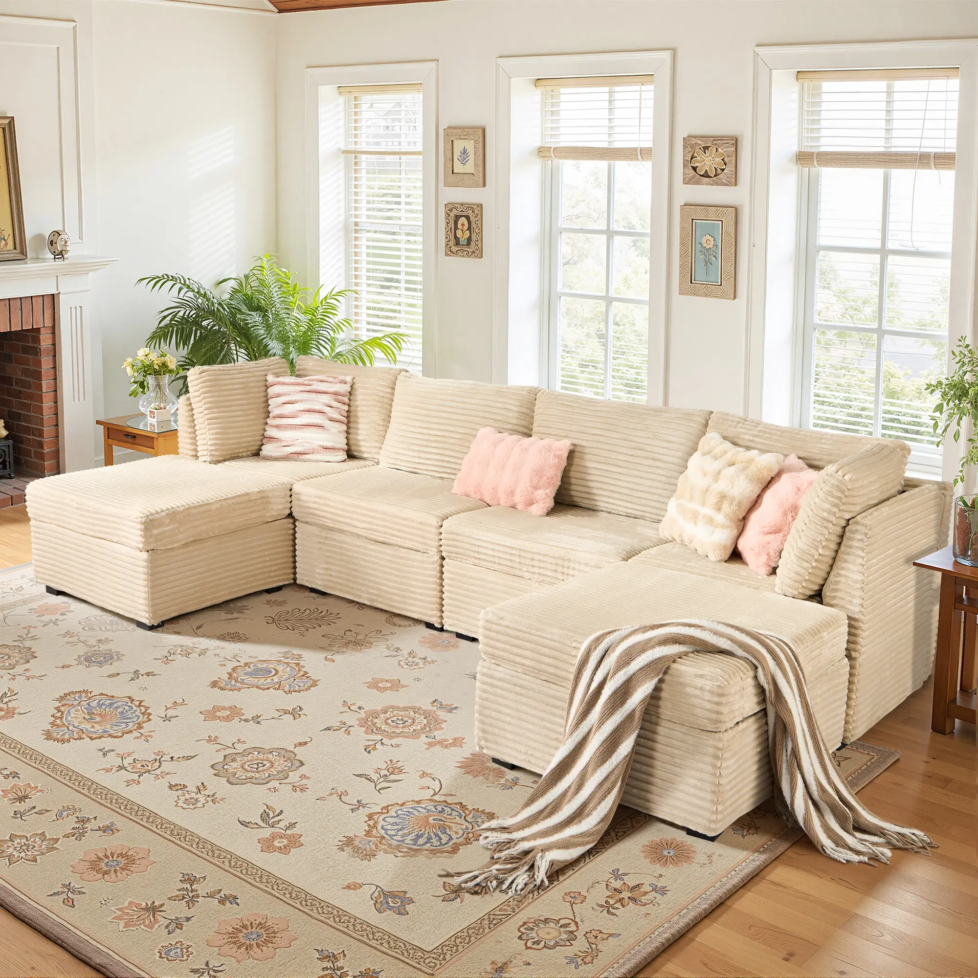 Cloud Oversized Sectional Modular Sofa, Plush Corduroy Wide Seat with Ottoman, Modern Design, Fluffy Cushions, Assembly Required, U-Shaped Shape,Free combination