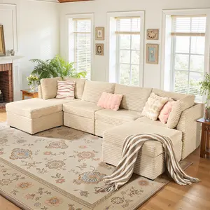 Cloud Oversized Sectional Modular Sofa, Plush Corduroy Wide Seat with Ottoman, Modern Design, Fluffy Cushions, Assembly Required, U-Shaped Shape,Free combination