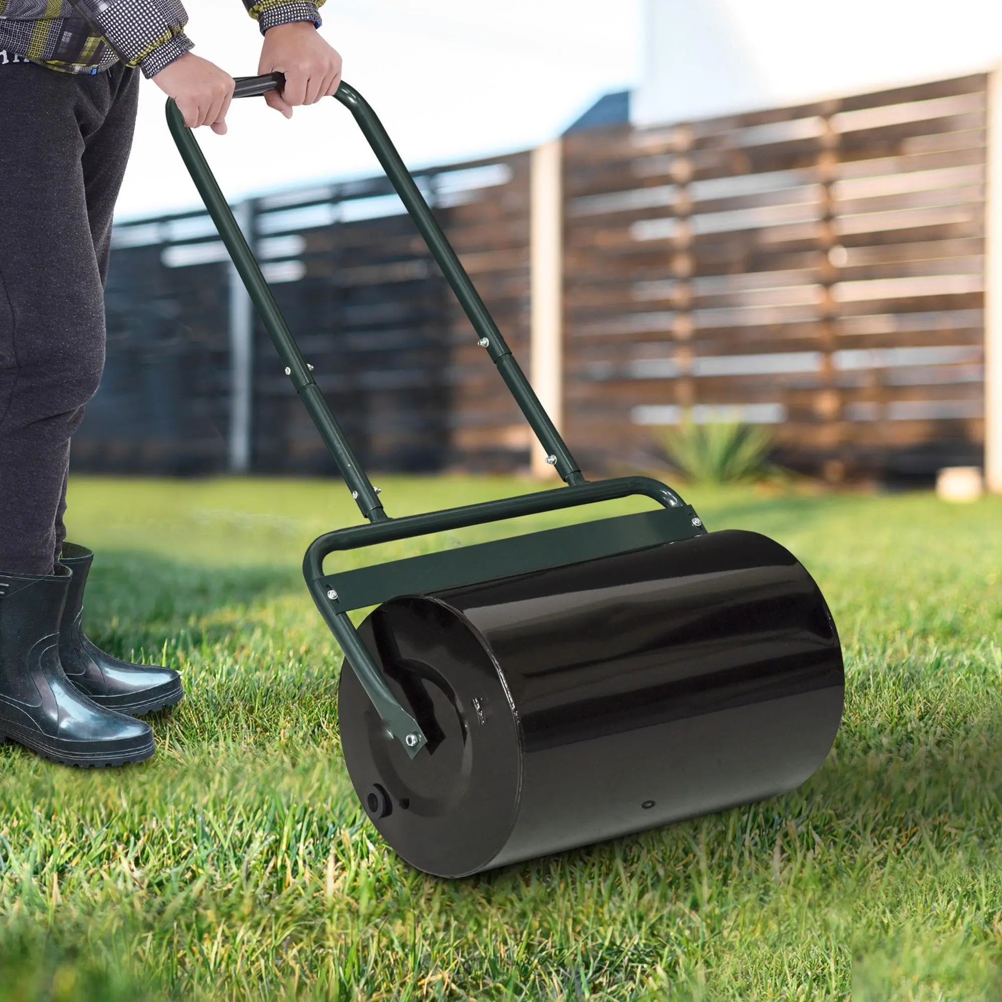 20-Inch Push/Tow Behind Lawn Roller with 10 Gal Water or Sand for Flattening Sod in the Garden Dark Green Rugged Steel Cylinder U-shaped Handle Efficient Garden Rolling Tool