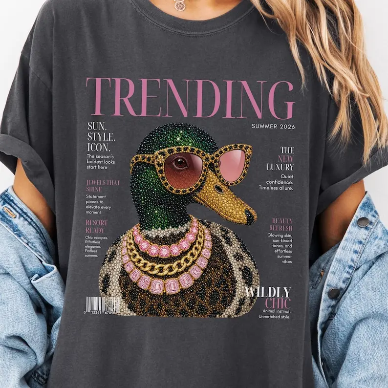 Rhinestone Trending Summer Magazine Duck Shirt, High Fashion Duck T-Shirt, Wildly Chic, Sunglasses Gold Luxury Animal
