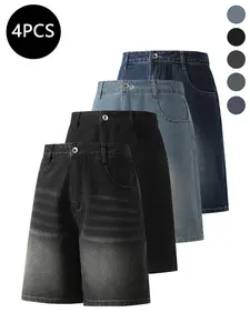 4-Pack Men’s Summer Knee-Length Denim Shorts — Trendy High-Street/Streetwear Athletic Casual Loose Fit, Ideal for Fitness and Running