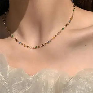 Women's Delicate Gold Collarbone Chain Necklace, Fashion Jade & Rhinestone Inlaid Jewelry, Bling Gem Decoration Girlyish Accessory for Gifting, Bling Necklaces, Gem Decoration Necklaces