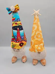Handcrafted Seashell Gnome with Colorful Fabric Hat – 7.5" Decorative Coastal Decor