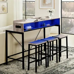[SOIYELIFE] 59 inch bar table, dining table, sofa table with power socket and LED light, 3 saddle stools, 4-piece bar table and chairs set for living room, dining room and kitchen,Unique furniture,
