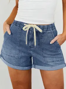 1 Piece Women's Denim Shorts, Elastic Waist Drawstring Cuffed Hem Jean Shorts, Casual Loose Fit Pocketed Denim Bottoms, Comfortable for Daily Wear Vacation Brunch Going Out, Trendy Minimalist Casual Chic Summer Aesthetic