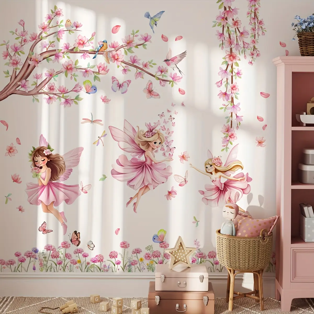 A set of three flower fairy branch wall stickers, for bedroom and living room background walls, home decoration stickers, Decorative Decal, Wall Decal, Wall Stickers Decorations, self-adhesive M15027-NC